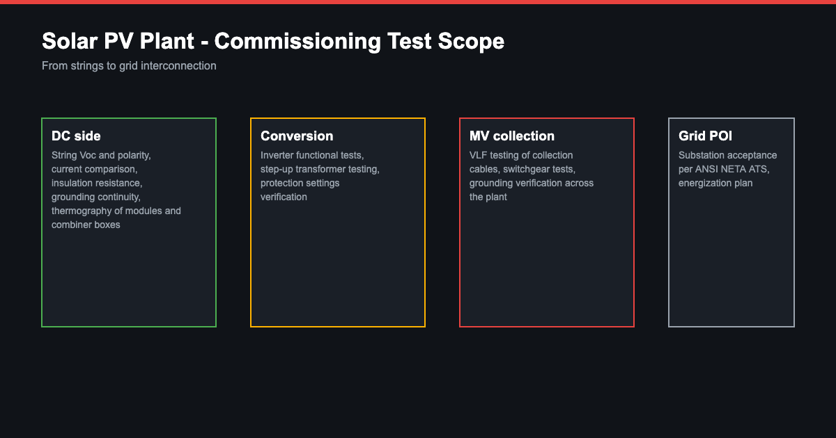 Solar plant grid connection commissioning - interconnection verification and testing sequence